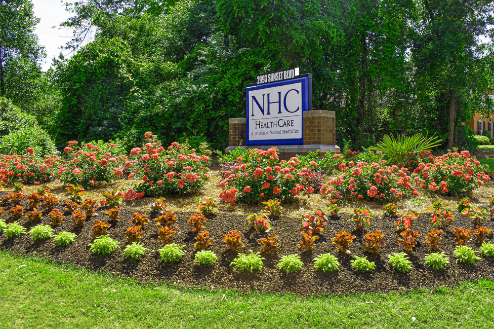 Beautifully green lawn with shrubs and flowers in front of businesses sign.